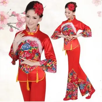 Новогодний Красный Женский китайский традиционный костюм Hanfu, Национальная одежда в молодежном стиле, одежда для сценических танцев Fan Yangko, костюмы для танцев