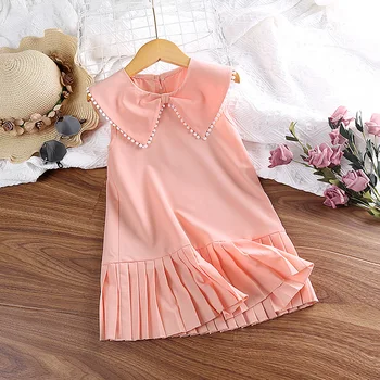 Новое Летнее платье для девочек 4-7 лет, платье без рукавов с розовым кукольным воротничком Для маленьких девочек, Корейское платье для дня рождения для маленьких девочек