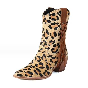 Новые женские ботинки до середины икры на высоком толстом каблуке с леопардовым принтом и кисточками в западном стиле, джинсовые ботинки с кисточками, Большие размеры 34-43
