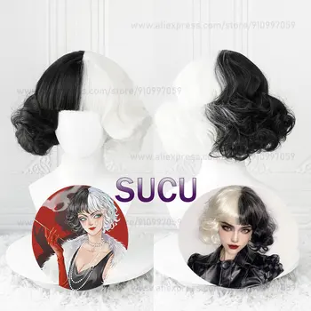 Новый парик для косплея Круэллы Де Виль, наполовину Белый, наполовину Черный, Синтетические Короткие Волнистые Парики, Термостойкие Синтетические волосы, парик для Хэллоуина COS
