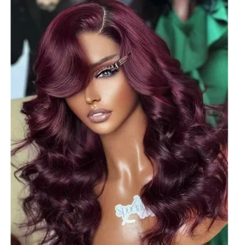 Объемные кружевные фронтальные парики Темно-фиолетового цвета, синтетический кружевной Бесклеевой парик Темно-бордового цвета, Предварительно выщипанный парик с волосами Младенца для женщин