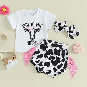 Одежда в стиле Вестерн для маленьких девочек, футболка в стиле Вестерн с коровами, топ, шаровары с кисточками, Шорты, повязка на голову, летняя одежда