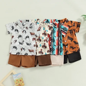 Одежда Для маленьких мальчиков, Летняя детская рубашка с коротким рукавом и шортами на пуговицах с рисунком, комплект детской одежды