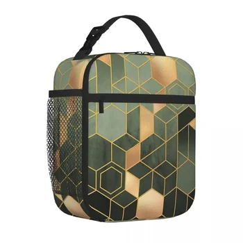 Оливково-зеленые золотистые шестиугольные сумки для ланча с современным абстрактным рисунком, термосумка для ланча, сумка-тоут для путешествий для женщин и девочек