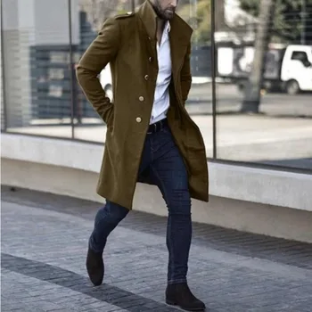 Осенне-зимнее мужское шерстяное пальто со стоячим воротником, украшенное металлической пряжкой, с карманом средней длины, повседневное пальто в деловом стиле средней длины