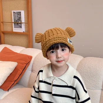 Осенне-зимняя детская вязаная шапка, шерстяная шапка с милым медвежонком, теплая простая дорожная шапка для мальчиков и девочек