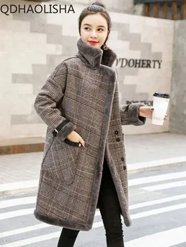 Осень-Зима 2023, новинка в куртках для женщин, Корейское модное пальто из искусственного меха средней длины с длинными рукавами, женское клетчатое пальто в клетку