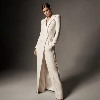 Основы, Двубортный комплект брюк с отворотом, официальное длинное пальто с брюками, Шикарные повседневные офисные женские свадебные женские костюмы Slim Fit