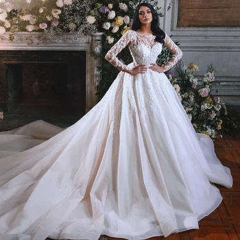 Очаровательные свадебные платья с кружевными аппликациями, свадебные платья принцессы с длинными рукавами и круглым вырезом, сшитые на заказ Vestidos De Novia