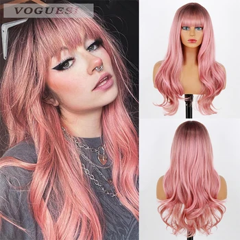 Плавный розовый парик с челкой, длинноволновый парик, женский термостойкий парик, подходящий для повседневной носки, подходящий для вечеринок