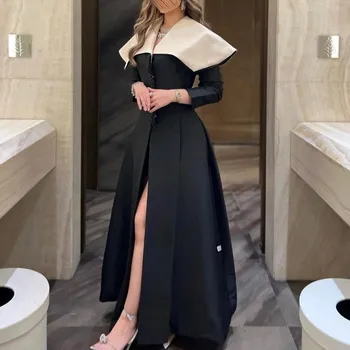 Платье Flora, черные атласные платья для выпускного вечера трапециевидной формы с V-образным вырезом и длинными рукавами, вечернее платье с разрезом по бокам, вечернее платье на Саудовском арабском для женщин