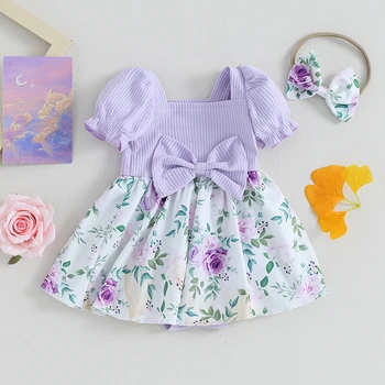 Платье-комбинезон для новорожденных девочек, боди с пышными короткими рукавами, платье-пачка с рюшами и цветочным рисунком, летняя одежда для младенцев