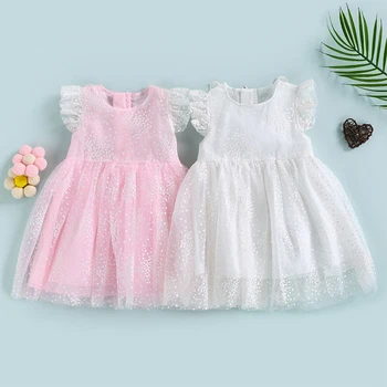 Платье принцессы для маленьких девочек, летнее Платье с рукавами-мухами, сетчатое тюлевое платье в горошек с бабочкой, 9 месяцев-6 лет