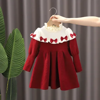 Платья-свитера для маленьких девочек, милая детская одежда с бантом, вязаное осенне-зимнее платье с длинным рукавом и рюшами на воротнике для детей 1-7 лет