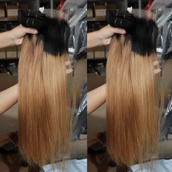 Пучки натуральных волос омбре с застежкой 1B 27 Бразильских шелковистых прямых человеческих волос Remy 2/3 пучка плетения с кружевной застежкой