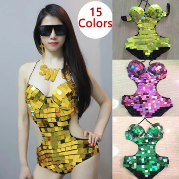 Разноцветное Зеркальное боди, сексуальное боди с вырезом на спине, женский костюм танцовщицы Gogo с пайетками, наряд для фестиваля танцев на шесте XS4851