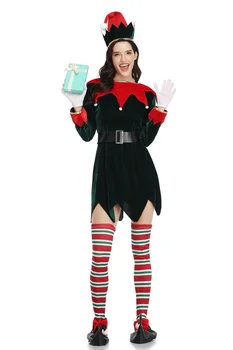 Рождественский костюм Санта-Клауса, Рождественский косплей, Зеленое платье Эльфа, карнавальный костюм для вечеринки, сценическое представление, нарядное рождественское платье с длинным рукавом.