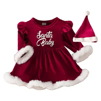 Рождественское Красное платье для малышей, платья-трапеции с длинными рукавами и шляпка для маленьких девочек, Милый рождественский наряд