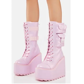 Розовые ботинки на танкетке с карманом на пятке, женская обувь на высоком каблуке с застежкой-молнией сзади, свадебные туфли с круглым носком 2023 Zapatos Para Mujere