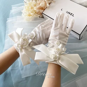 Романтические Винтажные Белые Свадебные перчатки Свадебные Короткие Перчатки с бантом Свадебные украшения Для вечеринки Аксессуары для платья Реквизит для съемок