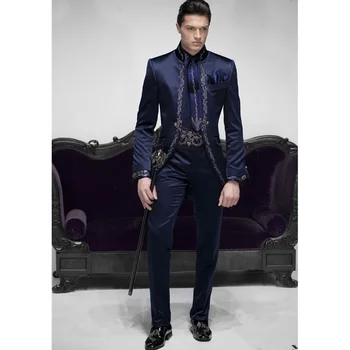 Роскошные Вышитые Мужские костюмы Темно-синего цвета, шикарный воротник-стойка, приталенные наряды, Свадебная мода, Атласный мужской костюм, Блейзер и брюки из 2 частей.