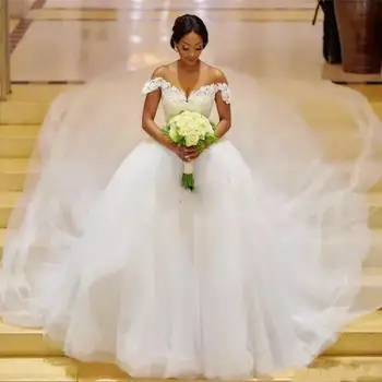 Свадебное прозрачное платье для черной девушки большого размера, тюлевое кружевное бальное платье для невесты в африканском стиле, свадебное платье трапециевидной формы для новобрачных