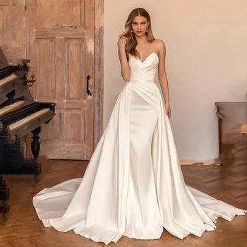Свадебные платья со съемным шлейфом, простые атласные свадебные платья 2024, платья в Русалочью складку без рукавов, Vestidos De Novia 2023 в стиле милой русалки.
