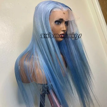 Светло-голубой Прямой парик из синтетических волос на кружеве для женщин, прозрачные кружевные парики из бесклеевого волокна волос