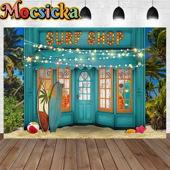 Световая доска для магазина серфинга, синий фон двери в стиле ретро, Летние каникулы, Доска для серфинга, Пляж, Фон пальмы, Детская студийная фотография