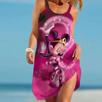 Сексуальное пляжное платье средней длины с принтом Мини с милой Минни Disney, женское вечернее платье на бретельках, женская пляжная толстовка без рукавов