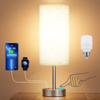 Сенсорные прикроватные настольные лампы с USB-портом, перезаряжаемая лампа с 3-полосной регулировкой яркости, спальня, светло-серый абажур, Украшение спальни