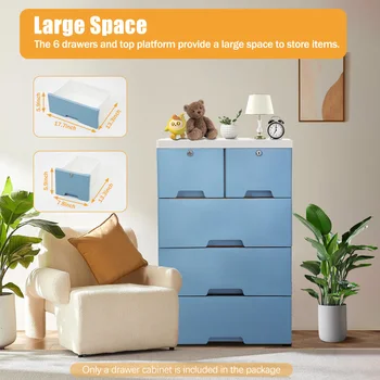 Синий 5-ярусный шкаф для хранения с 6 выдвижными ящиками и 4 колесиками, органайзер для комнаты для размещения своими руками