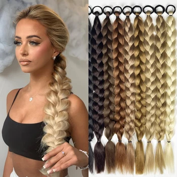 Синтетические длинные плетеные косички для наращивания волос в виде конского хвоста с резинкой, 24-дюймовые боксерские плетеные пряди для ежедневного использования женщинами