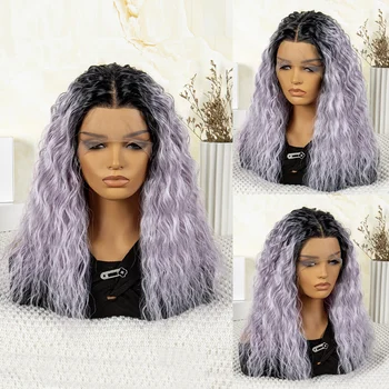 Синтетический волнистый парик с Т-образной частью на кружеве спереди, Градиентный парик с водной волной, темно-фиолетовый парик с темными корнями
