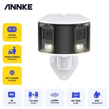 Система видеонаблюдения ANNKE 4K PoE, двухобъективная IP-камера с углом обзора 180 градусов, обнаружение транспортного средства человеком, Цветное ночное видение