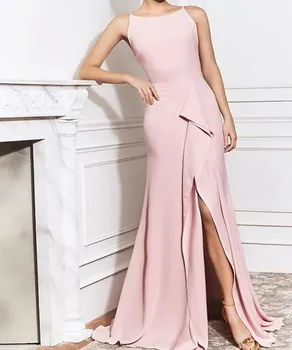 Современные розовые Длинные вечерние платья 2022 с вырезом лодочкой, атласные платья для выпускного вечера с разрезом, Vestidos Fiesta Robe De Soirée