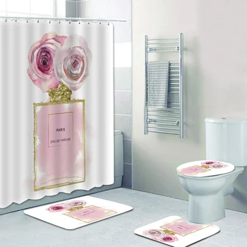 Стильные цветочные Красные Розовые розы, флакон духов, золотые гламурные занавески для ванной, набор штор для душа, коврики для ванной, декор ковров
