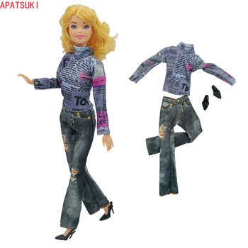 Темный топ с газетным принтом, Дымчато-серые джинсы, Брюки, Обувь для куклы Барби, модная одежда, наряды, аксессуары для кукол 1/6 BJD, Подарки