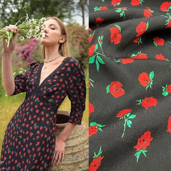Ткань для одежды с принтом в виде маленького красного цветка Материал Полиэстер крепдешин Высококачественный текстиль Швейная ткань для платья