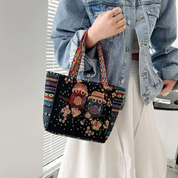 Традиционная женская сумка-тоут в европейском и американском стиле в стиле ретро, прочные холщовые сумки для покупок с вышивкой, дорожная сумка