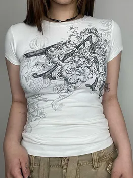 Укороченный топ в стиле ретро, белая повседневная футболка с круглым вырезом и коротким рукавом для женщин, y2k, эстетичные винтажные базовые футболки, женская одежда