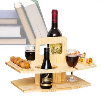 Уличный винный столик Деревянный винный столик для пикника с держателем для бокалов, Прочный и съемный уличный винный поднос для пикника и