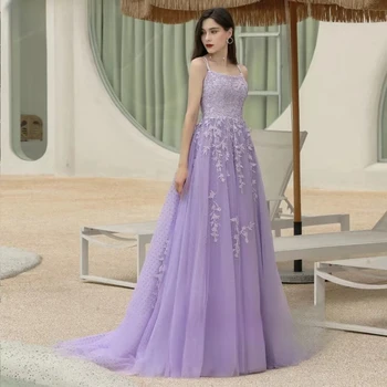 Фиолетовое вечернее платье на бретельках, сшитое на заказ, выпускные платья трапециевидной формы С кружевными аппликациями, выпускные платья для женщин 2023 года выпуска