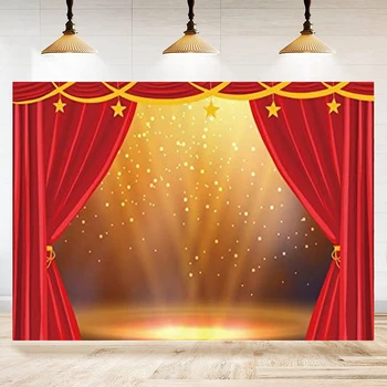 Фон для фотосъемки Красная сцена театра, золотые огни, блестящие Красные шторы, плакат празднования фестиваля 