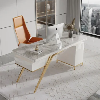 Черный дизайн домашнего офисного стола и стула, роскошный рабочий стол с каменной столешницей, современная офисная мебель