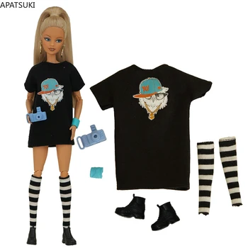 Черный модный комплект кукольной одежды для Барби, наряды 1/6, Аксессуары для кукольного домика для куклы Барби, Футболка, Платье, Носки, Обувь, Детские игрушки