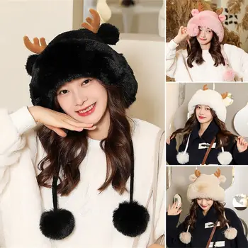 Шапка-бини с оленьим рогом, повседневная шапка-ушанка с теплой подкладкой, рождественский подарок, зима