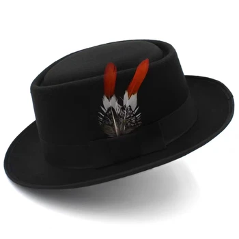 шляпы с перьями из свиной шкуры для мужчин, однотонные черные фетровые шляпы, джентльменское модное сомбреро hombre chapeu masculino, шоу, винтажный Бизнес