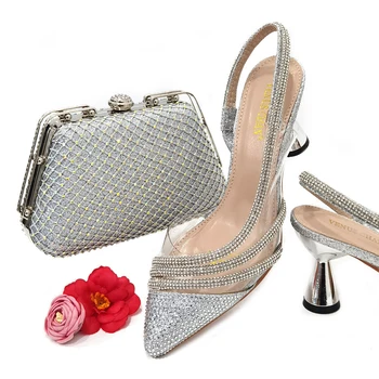 Элегантная женская обувь и сумка на высоком каблуке серебристого цвета, элегантные модные аксессуары со стразами, женская обувь и сумка с острым носком, новинка 2023 года