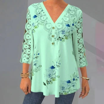 Элегантная кружевная рубашка 5XL с цветочным принтом, женская повседневная блузка с V-образным вырезом 2023, белая блузка с рукавом три четверти, модные свободные топы 21578